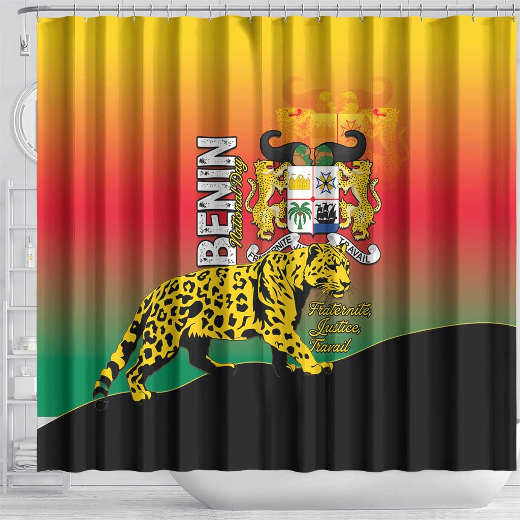 Benin National Day Shower Curtain Leopard With Coat Of Arms - Wonder Print Shop