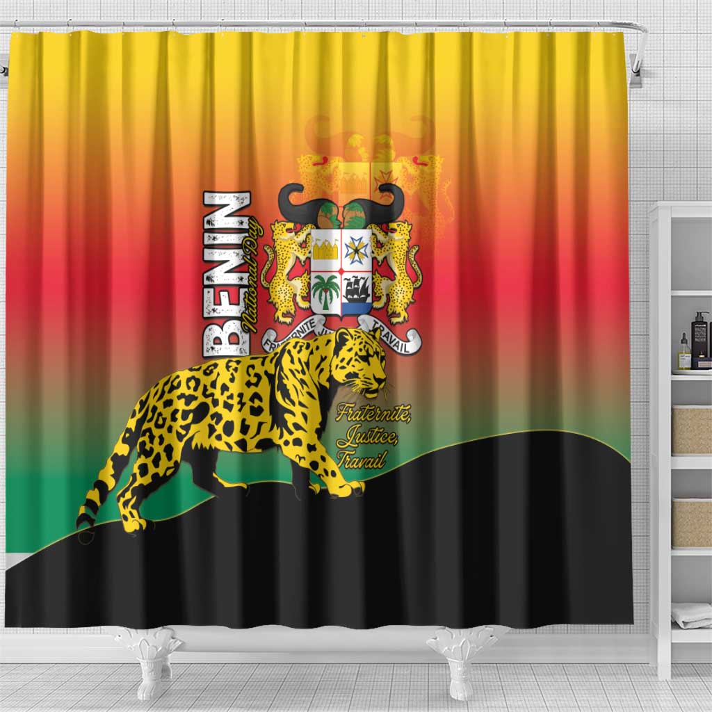 Benin National Day Shower Curtain Leopard With Coat Of Arms - Wonder Print Shop