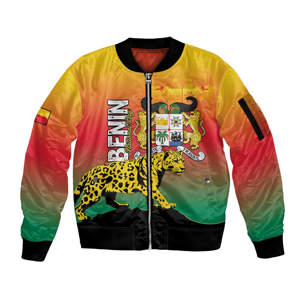 Personalized Benin National Day Sleeve Zip Bomber Jacket Leopard With Coat Of Arms - Wonder Print Shop
