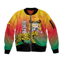Personalized Benin National Day Sleeve Zip Bomber Jacket Leopard With Coat Of Arms - Wonder Print Shop