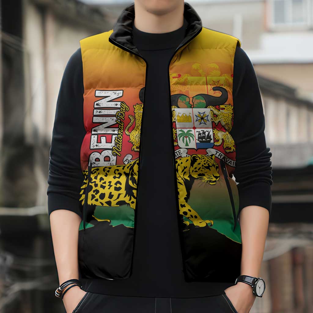Personalized Benin National Day Sleeveless Puffer Jacket Leopard With Coat Of Arms - Wonder Print Shop