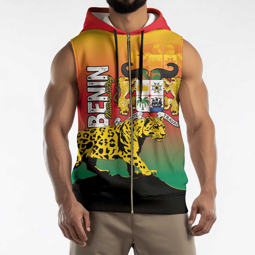 Personalized Benin National Day Sleeveless Zip Hoodie Leopard With Coat Of Arms - Wonder Print Shop