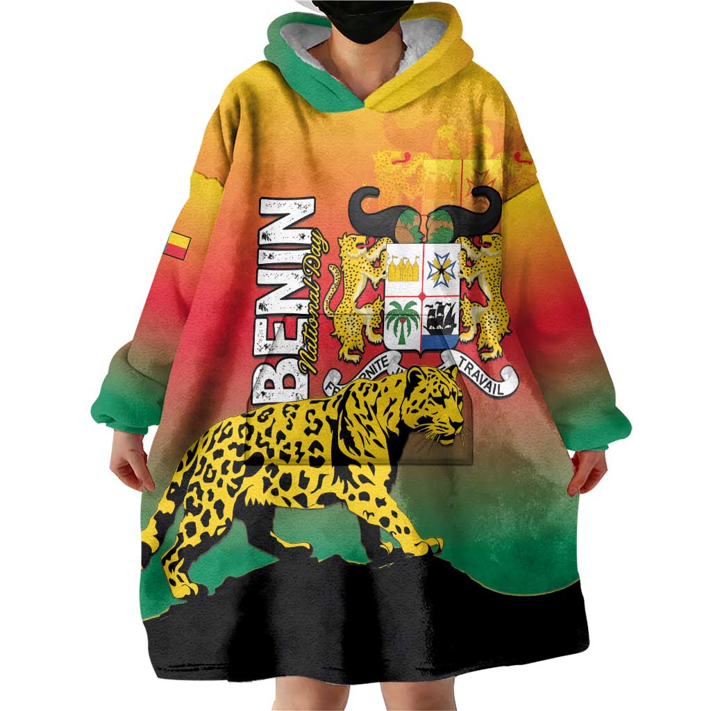 Personalized Benin National Day Wearable Blanket Hoodie Leopard With Coat Of Arms - Wonder Print Shop