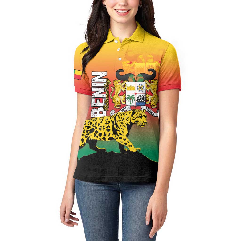 Personalized Benin National Day Women Polo Shirt Leopard With Coat Of Arms - Wonder Print Shop