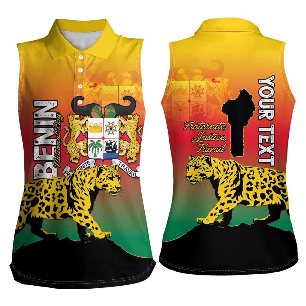 Personalized Benin National Day Women Sleeveless Polo Shirt Leopard With Coat Of Arms - Wonder Print Shop