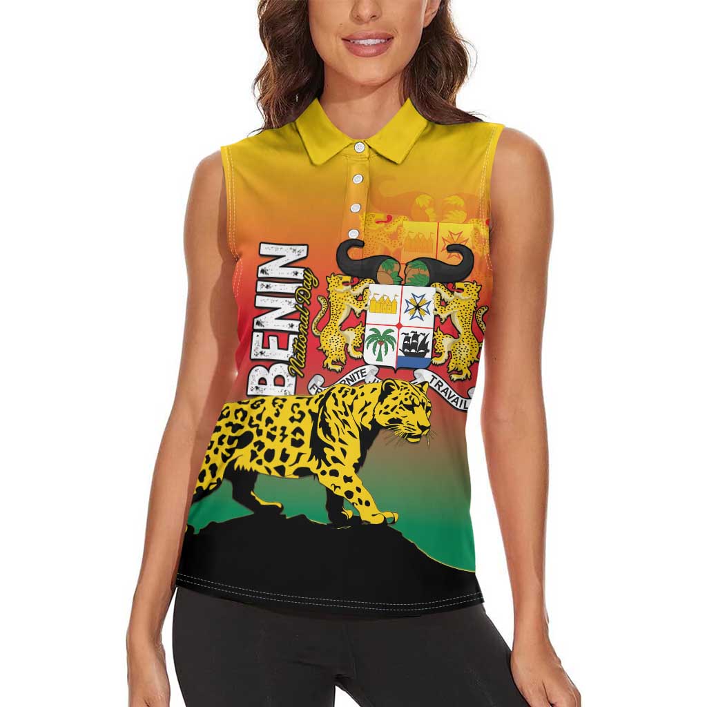 Personalized Benin National Day Women Sleeveless Polo Shirt Leopard With Coat Of Arms - Wonder Print Shop