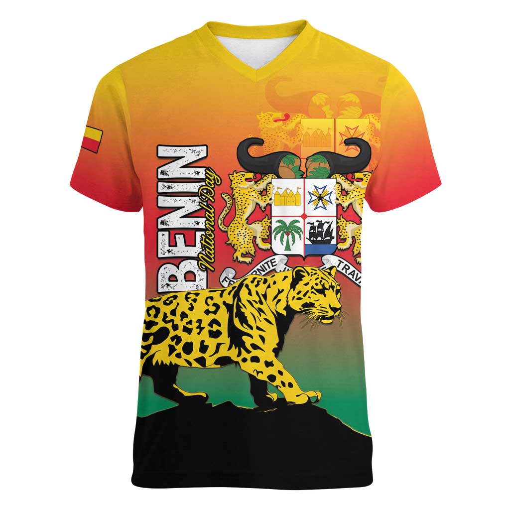 Personalized Benin National Day Women V-Neck T-Shirt Leopard With Coat Of Arms - Wonder Print Shop