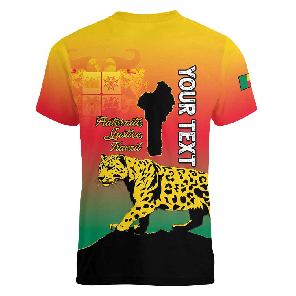 Personalized Benin National Day Women V-Neck T-Shirt Leopard With Coat Of Arms - Wonder Print Shop