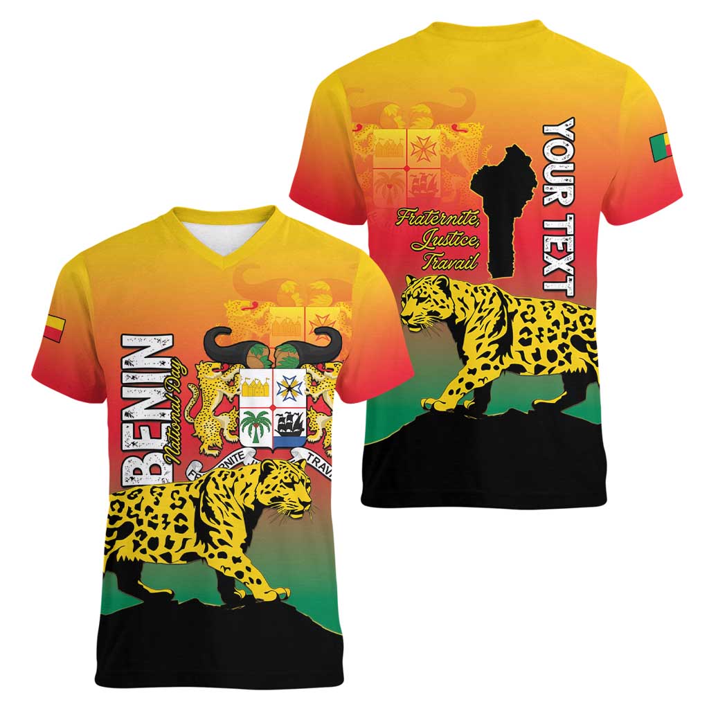 Personalized Benin National Day Women V-Neck T-Shirt Leopard With Coat Of Arms - Wonder Print Shop