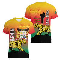 Personalized Benin National Day Women V-Neck T-Shirt Leopard With Coat Of Arms - Wonder Print Shop
