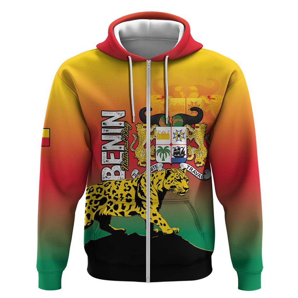 Personalized Benin National Day Zip Hoodie Leopard With Coat Of Arms - Wonder Print Shop