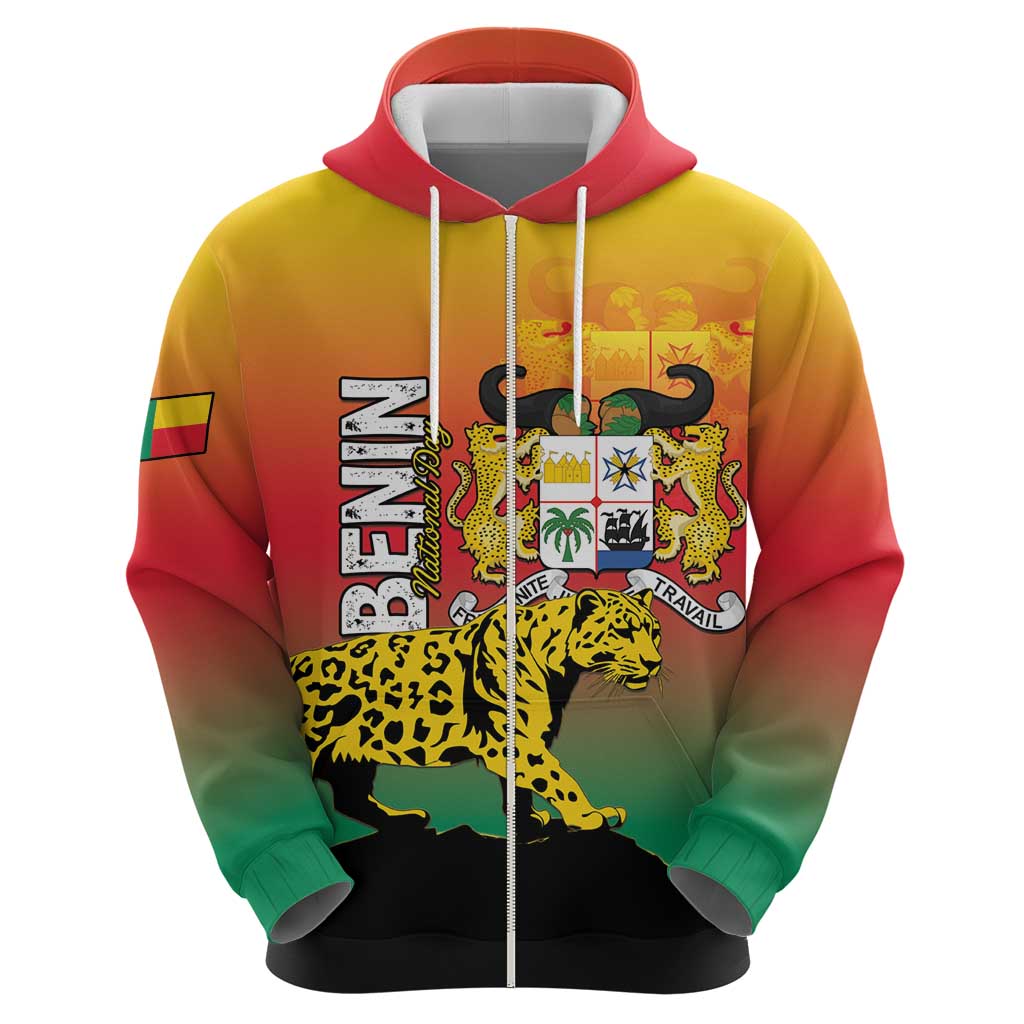 Personalized Benin National Day Zip Hoodie Leopard With Coat Of Arms - Wonder Print Shop