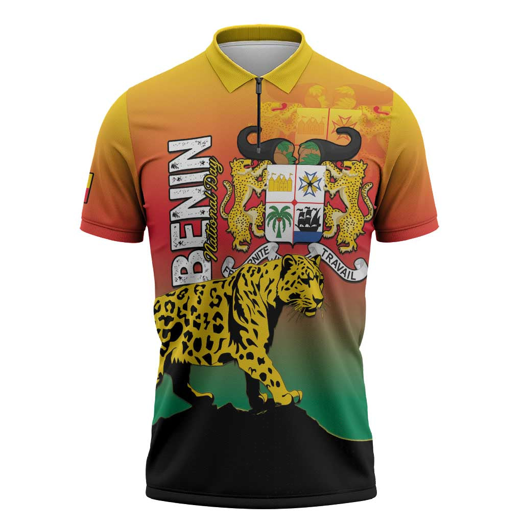 Personalized Benin National Day Zipper Polo Shirt Leopard With Coat Of Arms - Wonder Print Shop
