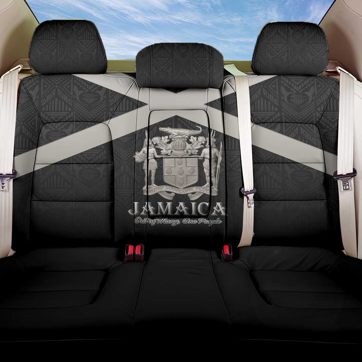Jamaica Back Car Seat Cover Coat Of Arms With Rastafarian Lion Silver Color - Wonder Print Shop
