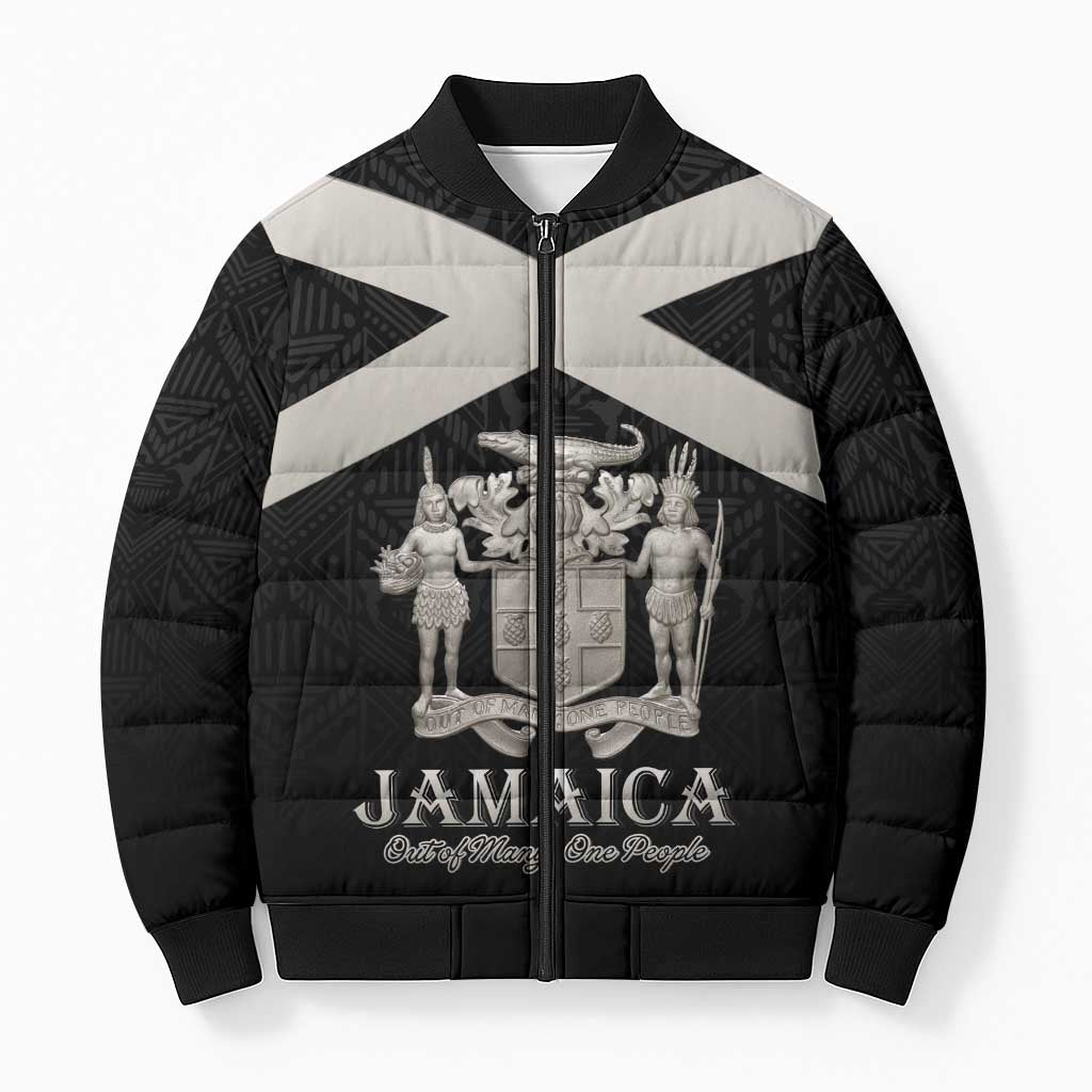 Personalized Jamaica Bomber Puffer Jacket Coat Of Arms With Rastafarian Lion Silver Color - Wonder Print Shop