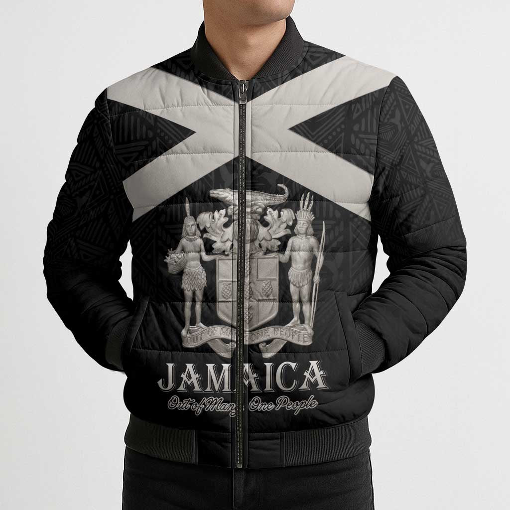 Personalized Jamaica Bomber Puffer Jacket Coat Of Arms With Rastafarian Lion Silver Color - Wonder Print Shop