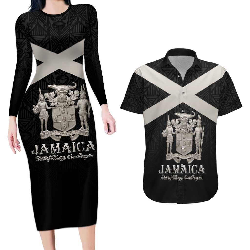 Personalized Jamaica Couples Matching Long Sleeve Bodycon Dress and Hawaiian Shirt Coat Of Arms With Rastafarian Lion Silver Color - Wonder Print Shop