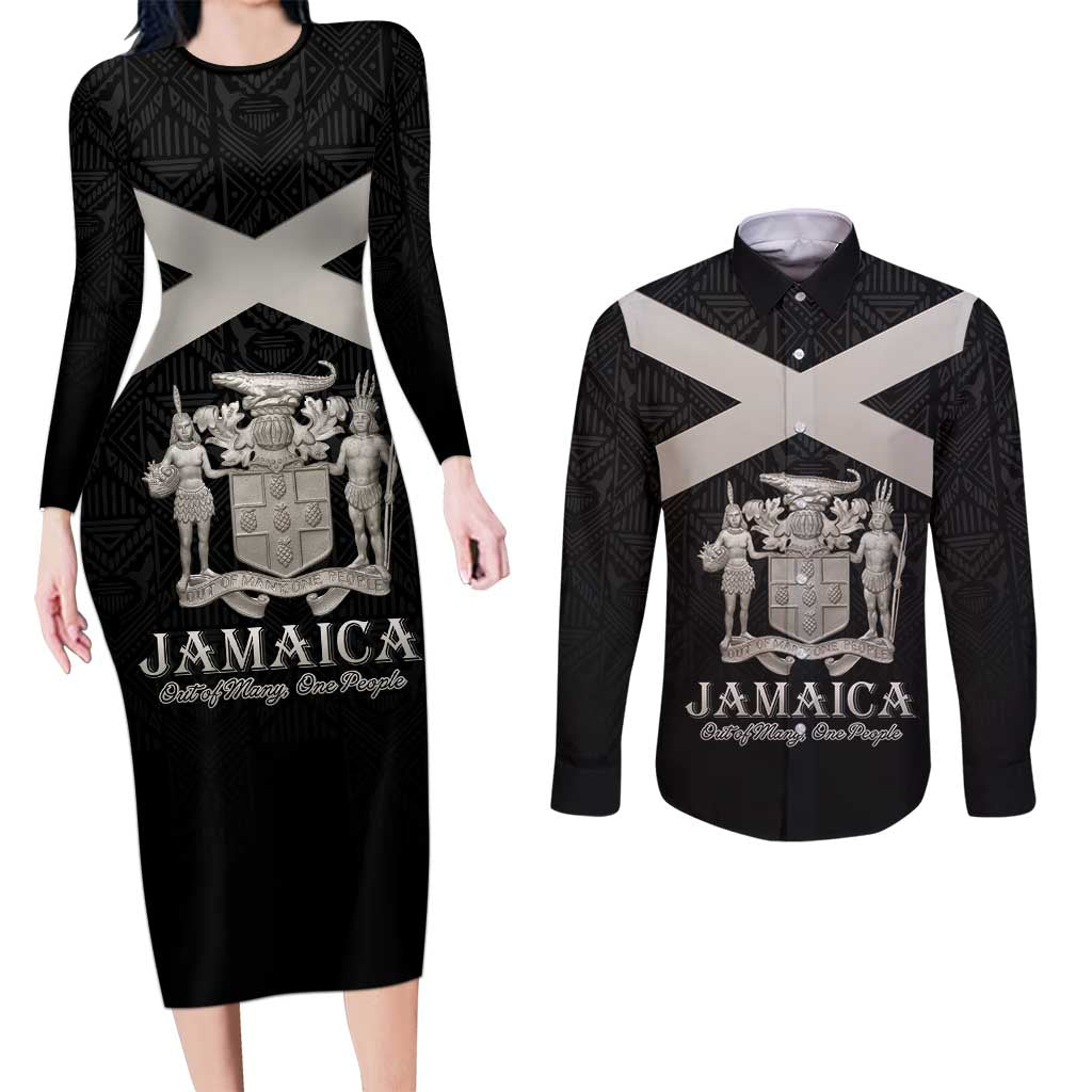 Personalized Jamaica Couples Matching Long Sleeve Bodycon Dress and Long Sleeve Button Shirt Coat Of Arms With Rastafarian Lion Silver Color - Wonder Print Shop