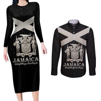 Personalized Jamaica Couples Matching Long Sleeve Bodycon Dress and Long Sleeve Button Shirt Coat Of Arms With Rastafarian Lion Silver Color - Wonder Print Shop