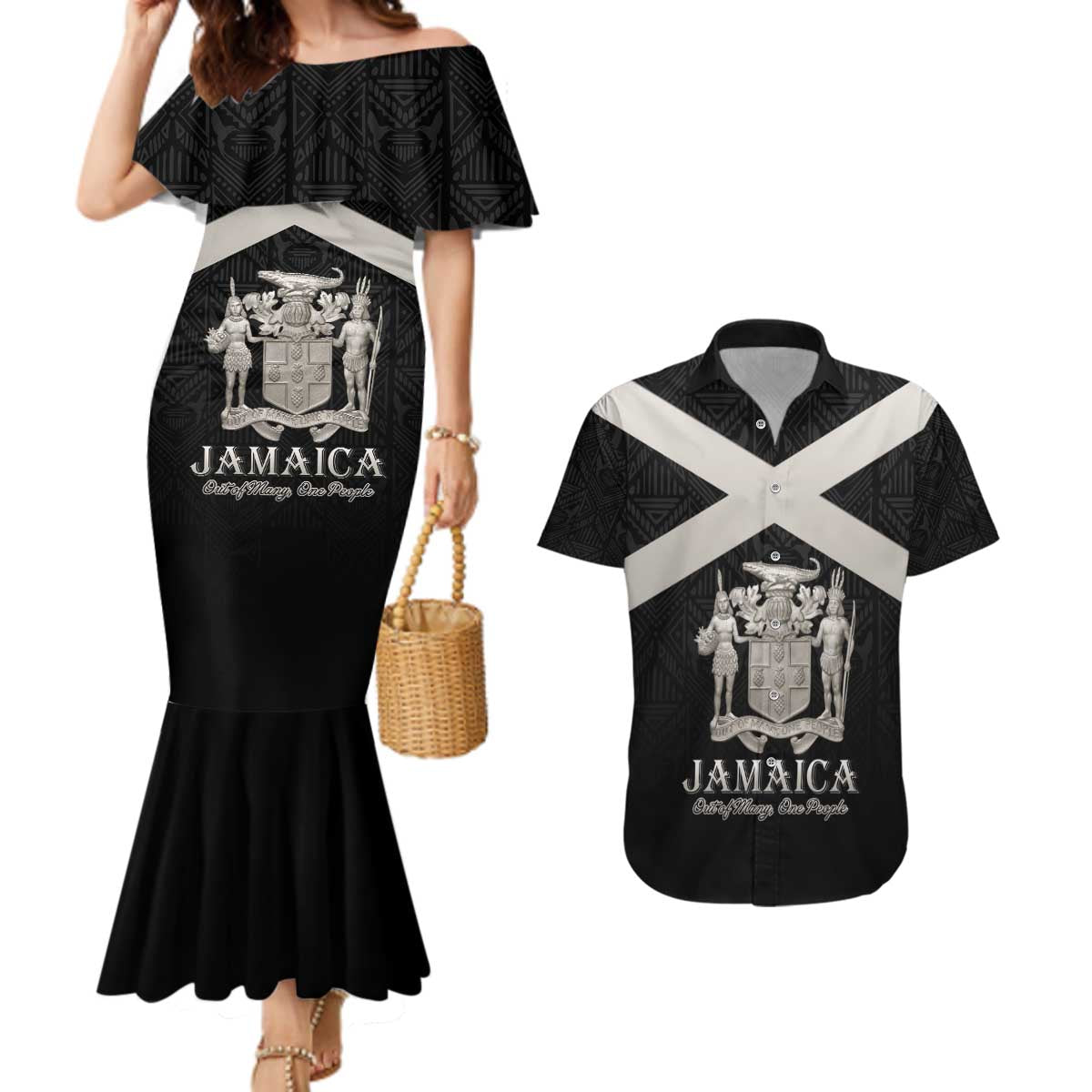 Personalized Jamaica Couples Matching Mermaid Dress and Hawaiian Shirt Coat Of Arms With Rastafarian Lion Silver Color - Wonder Print Shop