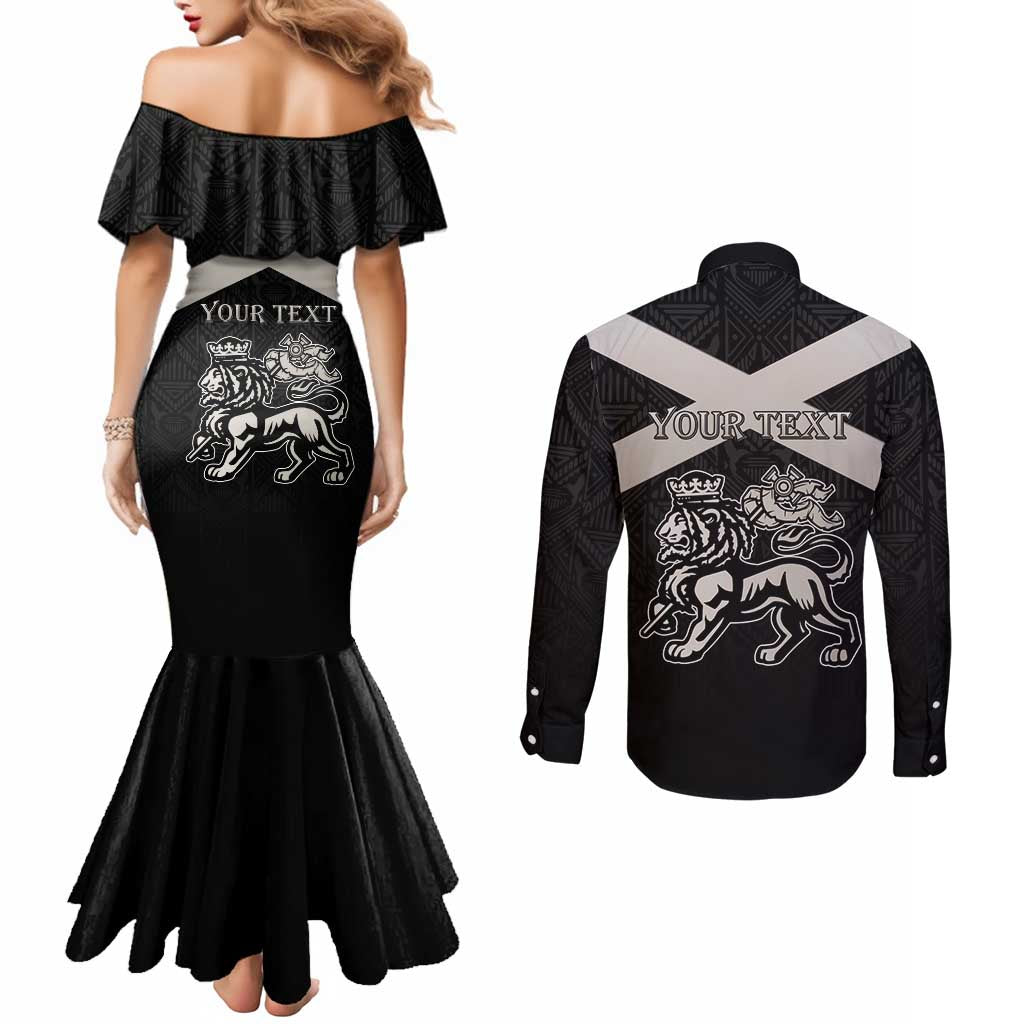 Personalized Jamaica Couples Matching Mermaid Dress and Long Sleeve Button Shirt Coat Of Arms With Rastafarian Lion Silver Color - Wonder Print Shop