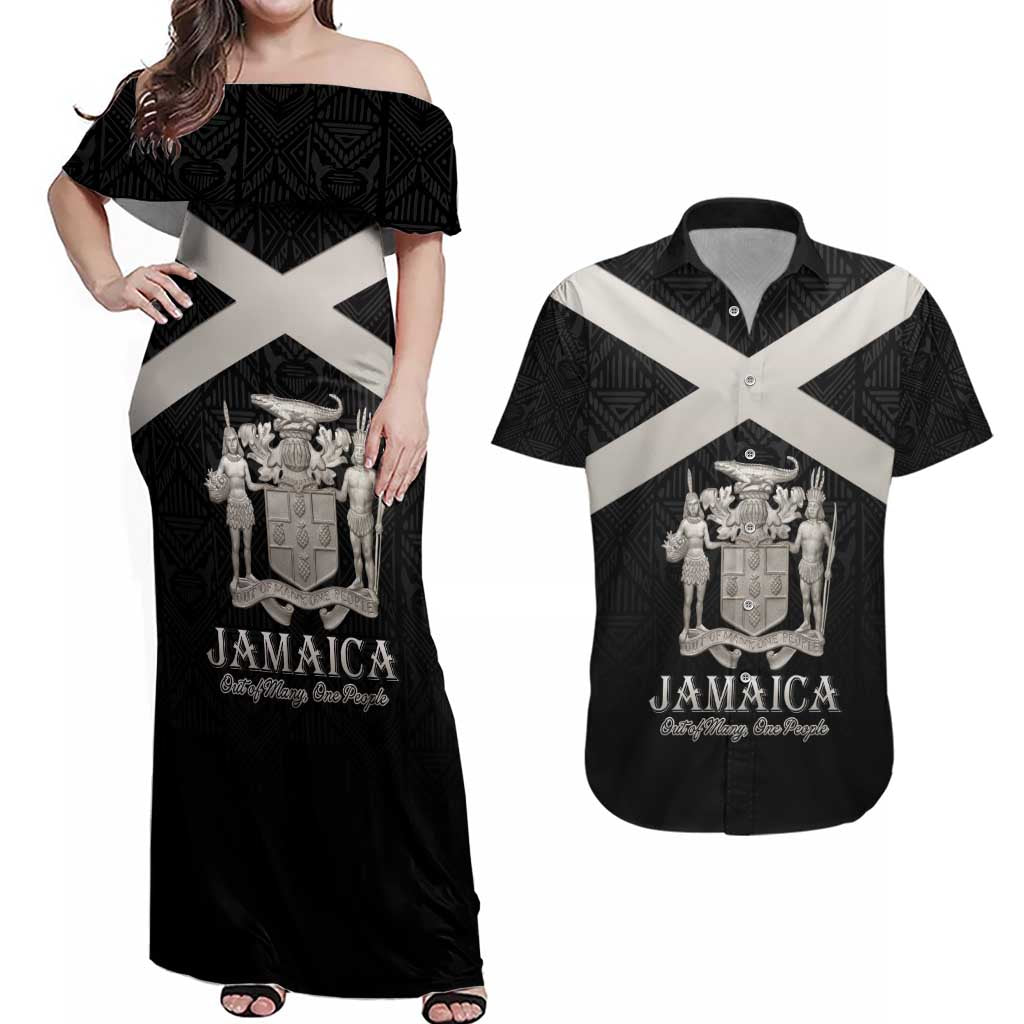 Personalized Jamaica Couples Matching Off Shoulder Maxi Dress and Hawaiian Shirt Coat Of Arms With Rastafarian Lion Silver Color - Wonder Print Shop