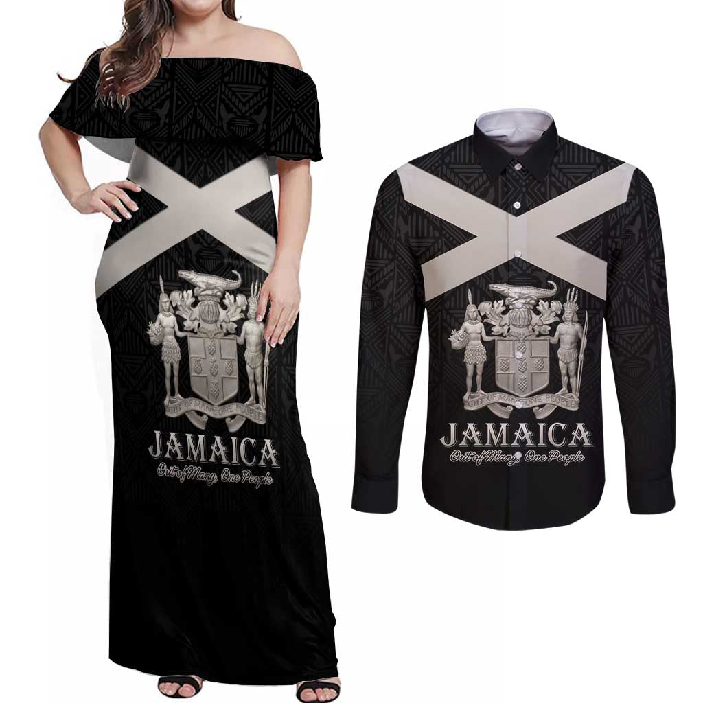 Personalized Jamaica Couples Matching Off Shoulder Maxi Dress and Long Sleeve Button Shirt Coat Of Arms With Rastafarian Lion Silver Color - Wonder Print Shop