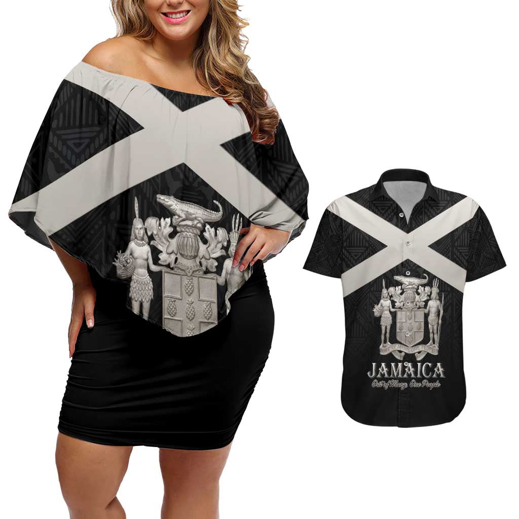 Personalized Jamaica Couples Matching Off Shoulder Short Dress and Hawaiian Shirt Coat Of Arms With Rastafarian Lion Silver Color - Wonder Print Shop