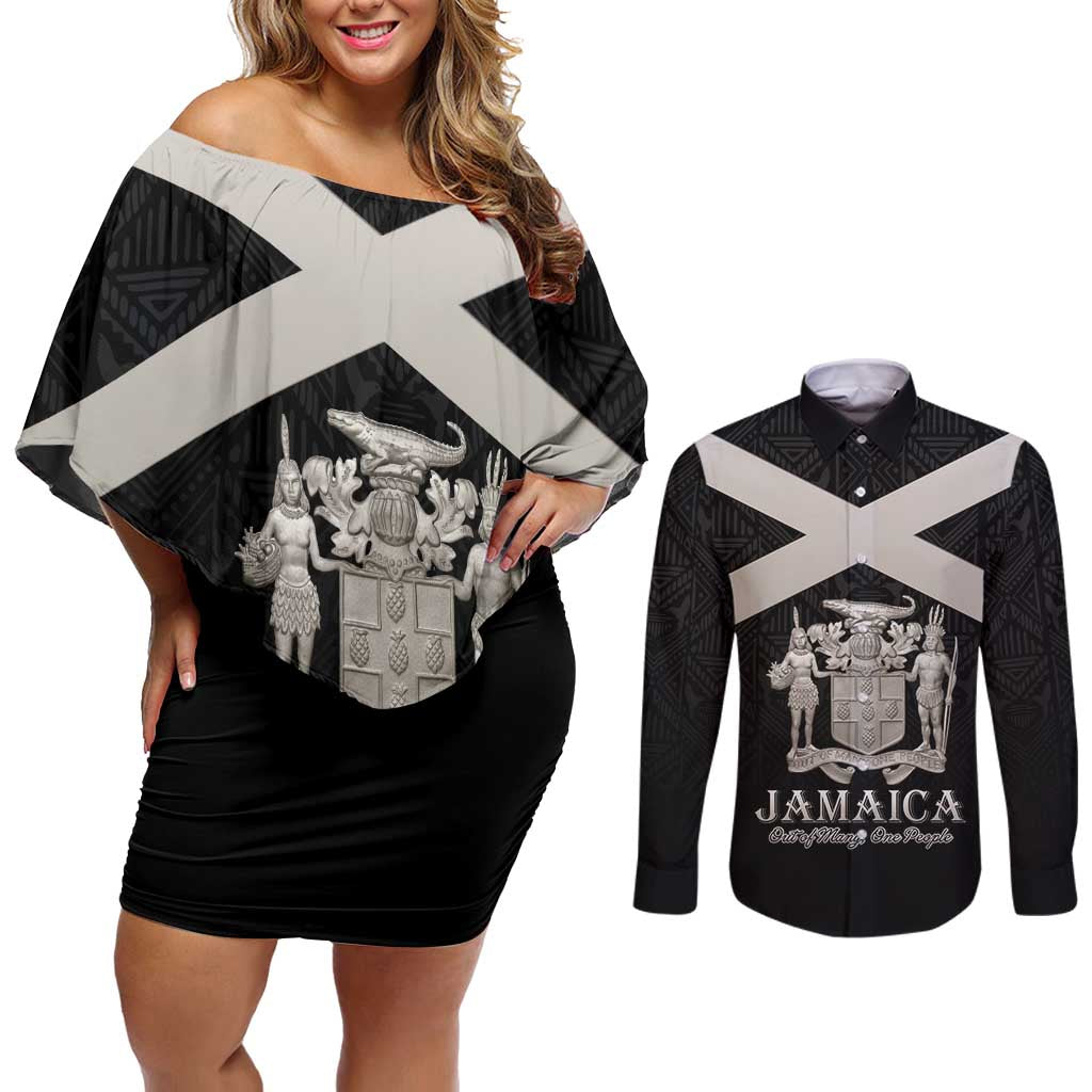 Personalized Jamaica Couples Matching Off Shoulder Short Dress and Long Sleeve Button Shirt Coat Of Arms With Rastafarian Lion Silver Color - Wonder Print Shop