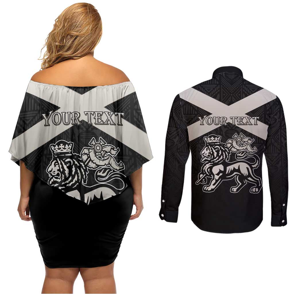 Personalized Jamaica Couples Matching Off Shoulder Short Dress and Long Sleeve Button Shirt Coat Of Arms With Rastafarian Lion Silver Color - Wonder Print Shop