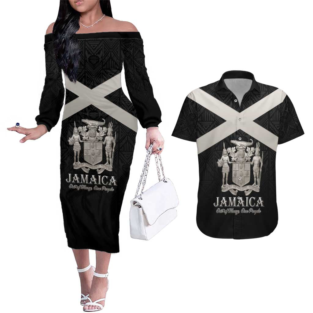 Personalized Jamaica Couples Matching Off The Shoulder Long Sleeve Dress and Hawaiian Shirt Coat Of Arms With Rastafarian Lion Silver Color - Wonder Print Shop