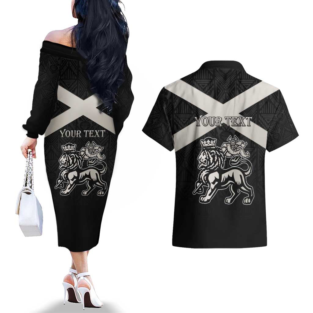 Personalized Jamaica Couples Matching Off The Shoulder Long Sleeve Dress and Hawaiian Shirt Coat Of Arms With Rastafarian Lion Silver Color - Wonder Print Shop