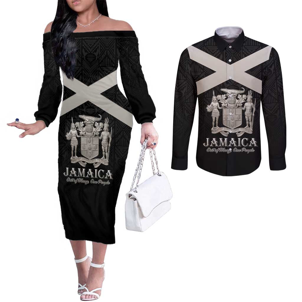 Personalized Jamaica Couples Matching Off The Shoulder Long Sleeve Dress and Long Sleeve Button Shirt Coat Of Arms With Rastafarian Lion Silver Color - Wonder Print Shop