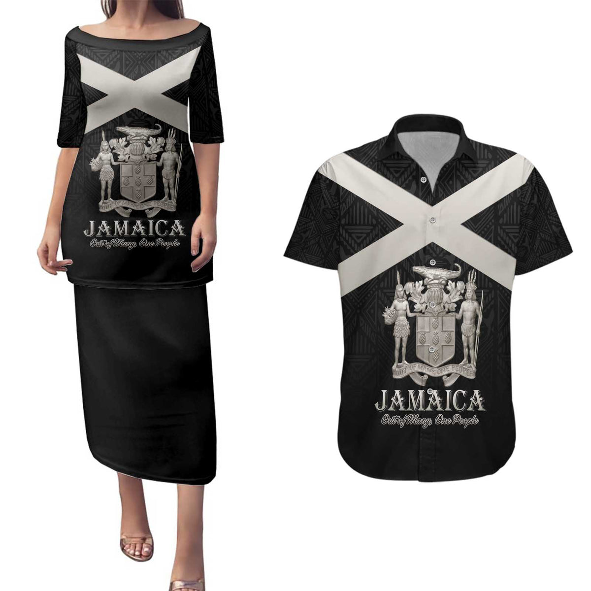 Personalized Jamaica Couples Matching Puletasi and Hawaiian Shirt Coat Of Arms With Rastafarian Lion Silver Color - Wonder Print Shop