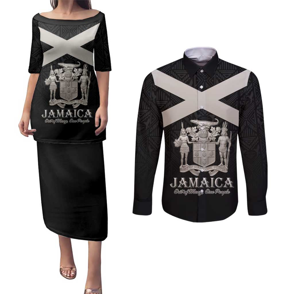 Personalized Jamaica Couples Matching Puletasi and Long Sleeve Button Shirt Coat Of Arms With Rastafarian Lion Silver Color - Wonder Print Shop