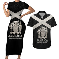 Personalized Jamaica Couples Matching Short Sleeve Bodycon Dress and Hawaiian Shirt Coat Of Arms With Rastafarian Lion Silver Color - Wonder Print Shop