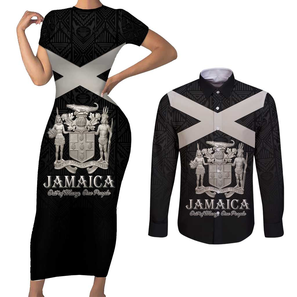 Personalized Jamaica Couples Matching Short Sleeve Bodycon Dress and Long Sleeve Button Shirt Coat Of Arms With Rastafarian Lion Silver Color - Wonder Print Shop