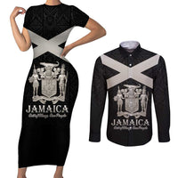 Personalized Jamaica Couples Matching Short Sleeve Bodycon Dress and Long Sleeve Button Shirt Coat Of Arms With Rastafarian Lion Silver Color - Wonder Print Shop