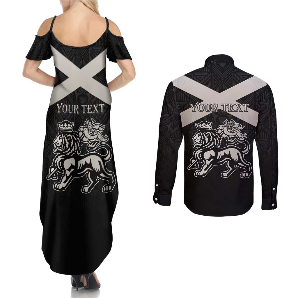 Personalized Jamaica Couples Matching Summer Maxi Dress and Long Sleeve Button Shirt Coat Of Arms With Rastafarian Lion Silver Color - Wonder Print Shop