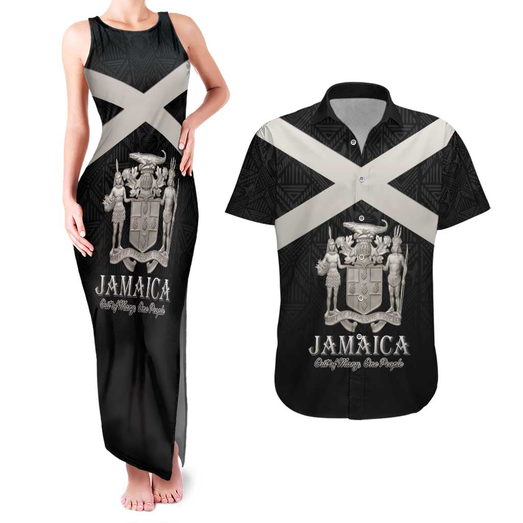 Personalized Jamaica Couples Matching Tank Maxi Dress and Hawaiian Shirt Coat Of Arms With Rastafarian Lion Silver Color - Wonder Print Shop