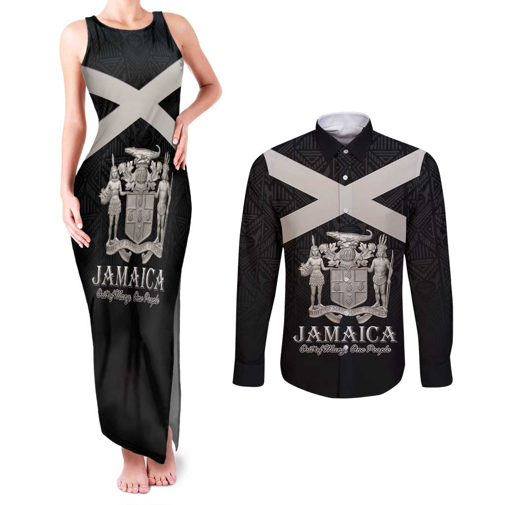 Personalized Jamaica Couples Matching Tank Maxi Dress and Long Sleeve Button Shirt Coat Of Arms With Rastafarian Lion Silver Color - Wonder Print Shop