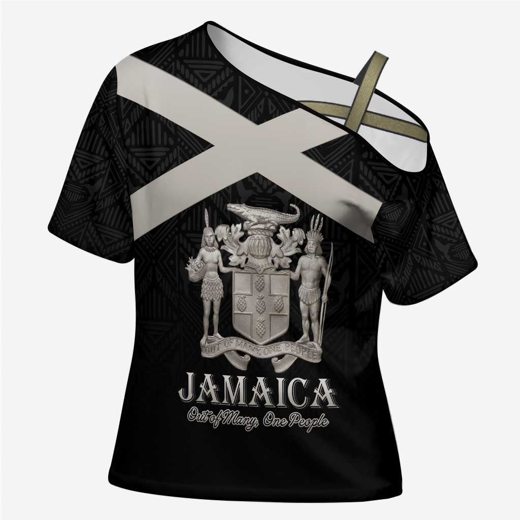 Personalized Jamaica Cross Shoulder Shirt Coat Of Arms With Rastafarian Lion Silver Color - Wonder Print Shop