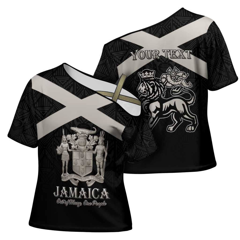 Personalized Jamaica Cross Shoulder Shirt Coat Of Arms With Rastafarian Lion Silver Color - Wonder Print Shop