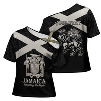 Personalized Jamaica Cross Shoulder Shirt Coat Of Arms With Rastafarian Lion Silver Color - Wonder Print Shop