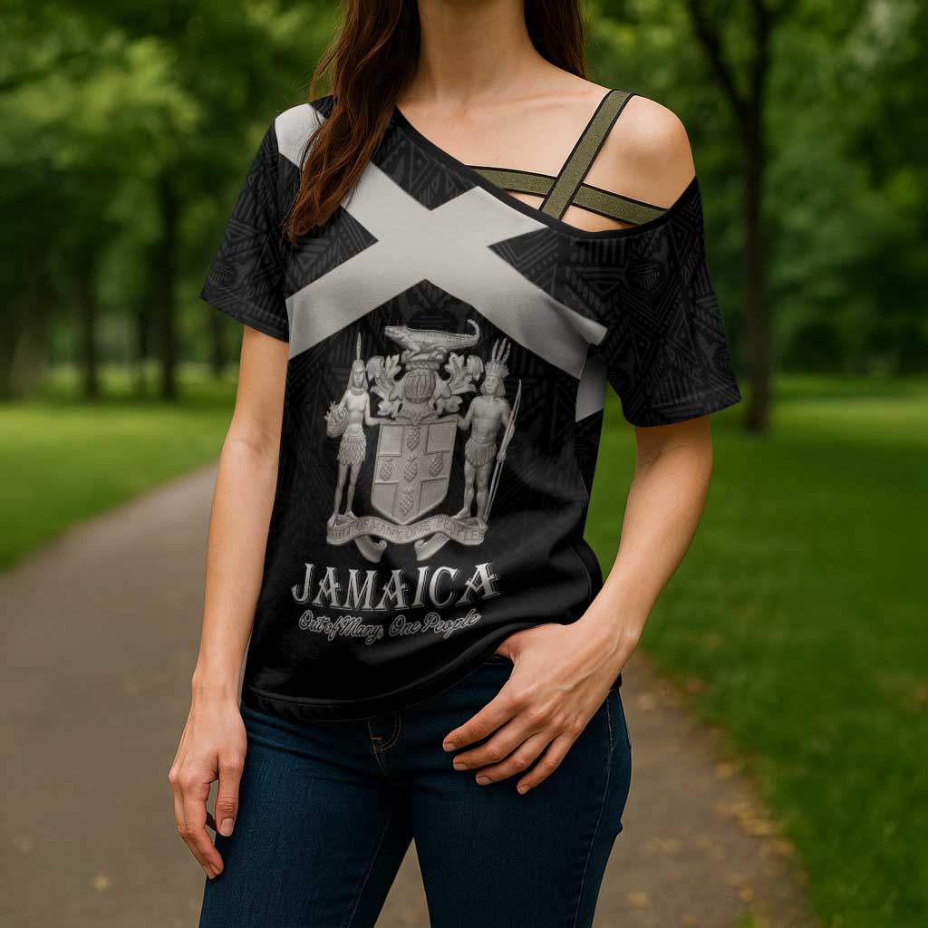 Personalized Jamaica Cross Shoulder Shirt Coat Of Arms With Rastafarian Lion Silver Color - Wonder Print Shop