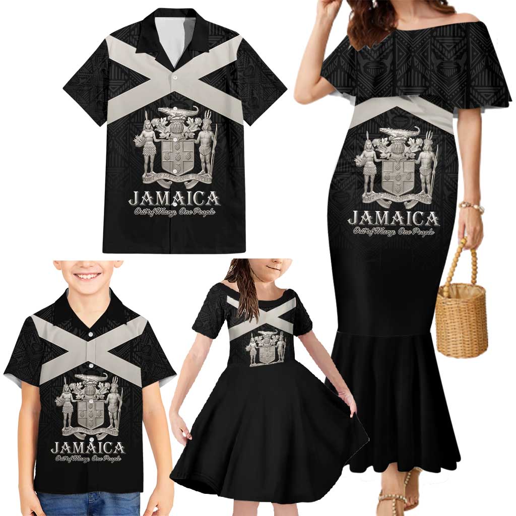 Personalized Jamaica Family Matching Mermaid Dress and Hawaiian Shirt Coat Of Arms With Rastafarian Lion Silver Color - Wonder Print Shop