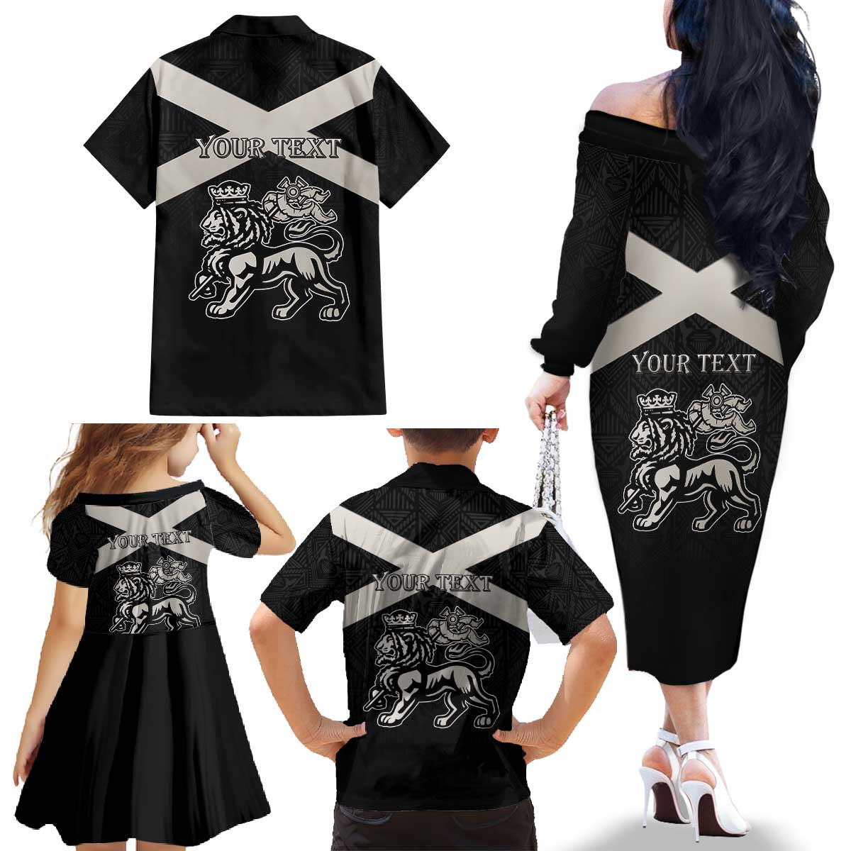 Personalized Jamaica Family Matching Off The Shoulder Long Sleeve Dress and Hawaiian Shirt Coat Of Arms With Rastafarian Lion Silver Color - Wonder Print Shop