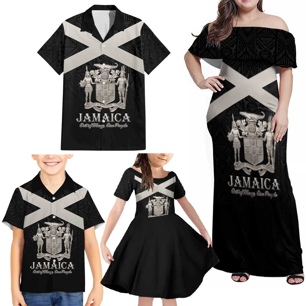 Personalized Jamaica Family Matching Off Shoulder Maxi Dress and Hawaiian Shirt Coat Of Arms With Rastafarian Lion Silver Color - Wonder Print Shop
