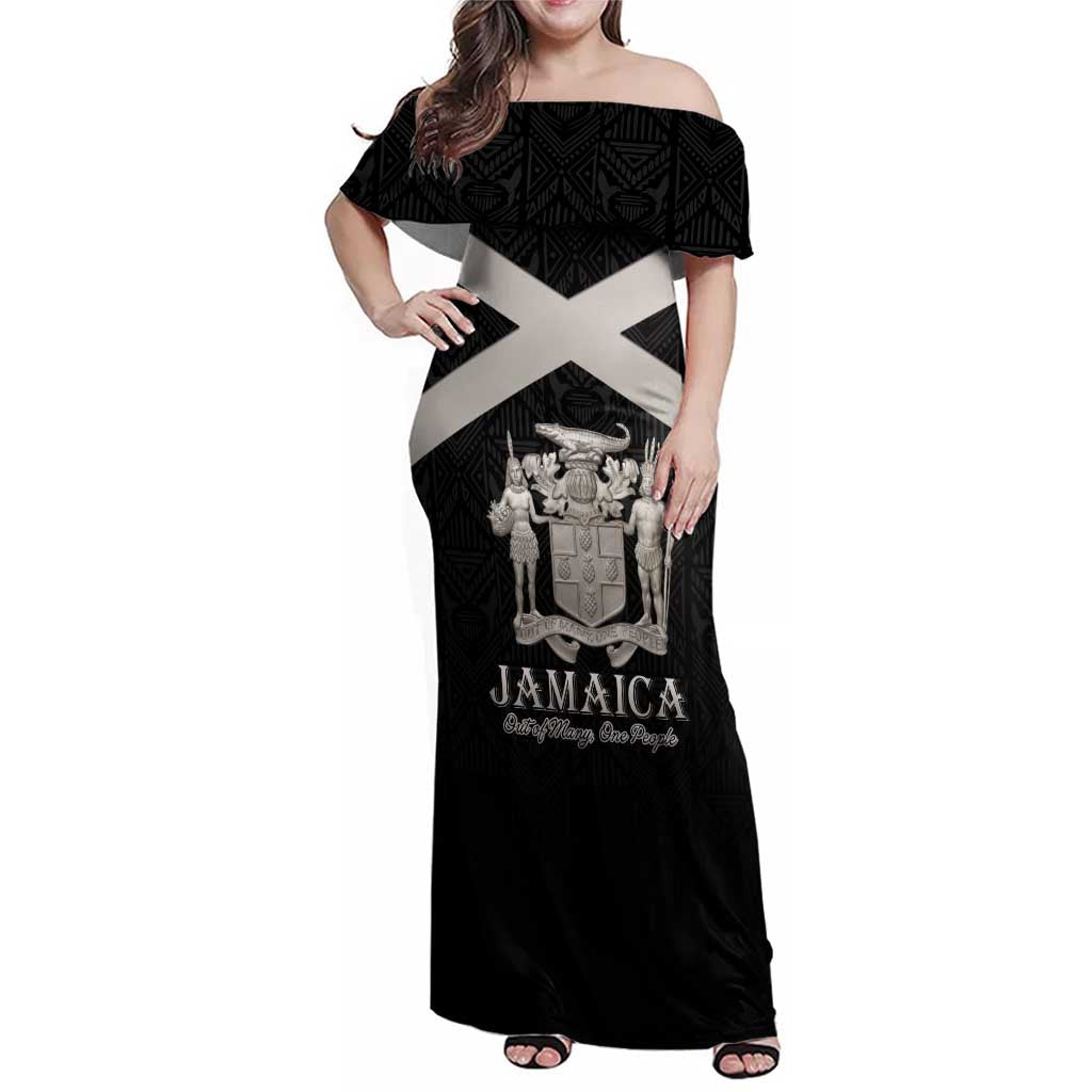 Personalized Jamaica Family Matching Off Shoulder Maxi Dress and Hawaiian Shirt Coat Of Arms With Rastafarian Lion Silver Color - Wonder Print Shop