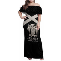 Personalized Jamaica Family Matching Off Shoulder Maxi Dress and Hawaiian Shirt Coat Of Arms With Rastafarian Lion Silver Color - Wonder Print Shop